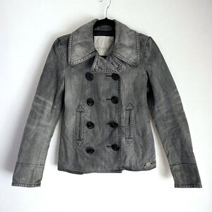 Denim & Supply Ralph Lauren Washed Gray Double Breasted Jean Denim Coat Peacoat